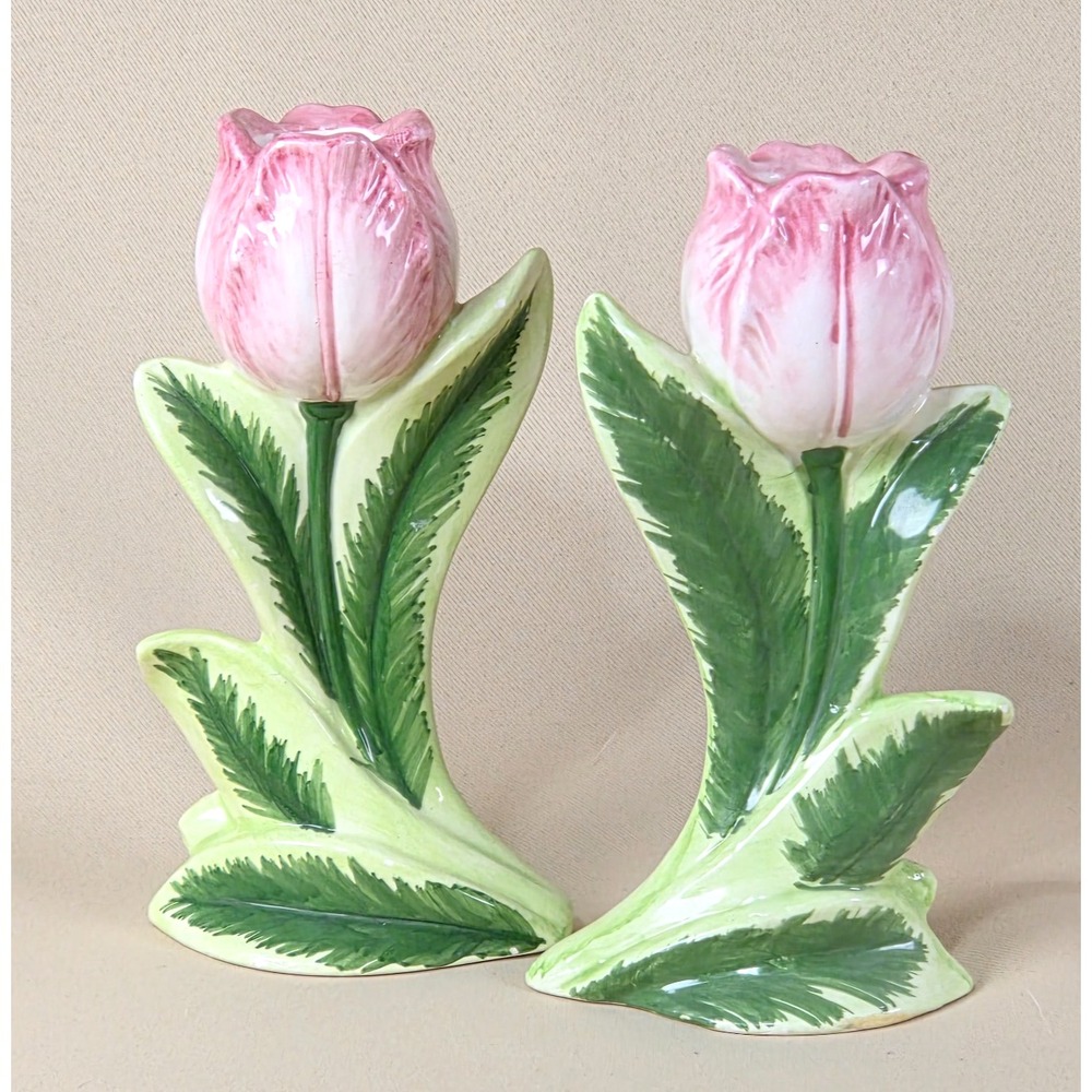 Vintage Seymour Mann Tulip Time Hand Painted Ceramic Candle Holder Pair 1987
